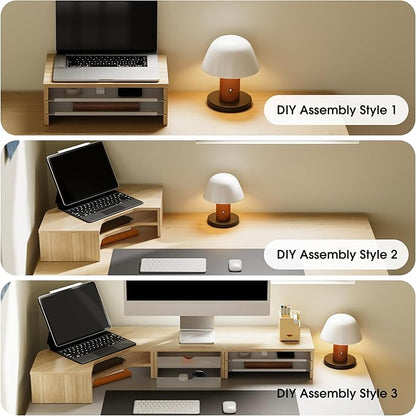 Fenge Dual Monitor Stand, Corner Monitor shelf with Drawer and Slide-Out Tray, 2 Tier Triangle Monitor Riser with Storage, Desk Shelf Organizer for Desk, Home Office, Computer, Laptop, Printer