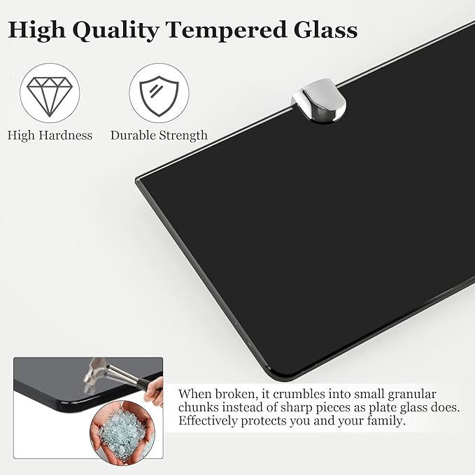 SAYAYO Floating Glass Shelves for Bathroom, 15 x 5 Inch Chrome Tempered Glass Shelf for Wall 1 Pack, Black