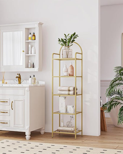 Bookcase Bookshelf, Tempered Glass Bookshelves, Slim Shelving Unit for Bedroom, Bathroom, Home Office, Steel Frame, 5 Tier Gold BC05001G