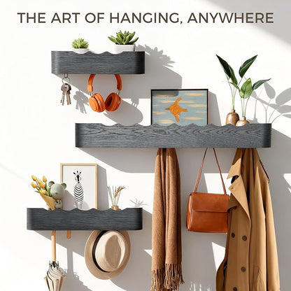 Wall Coat Rack Floating Shelves Modern Coat Rack Wall Mount with Storage Entryway Shelf Wooden Hanger 20 Inch 4 Hidden Metal Hooks for Living Room Bedroom (Wavy Black, 8 Hooks)