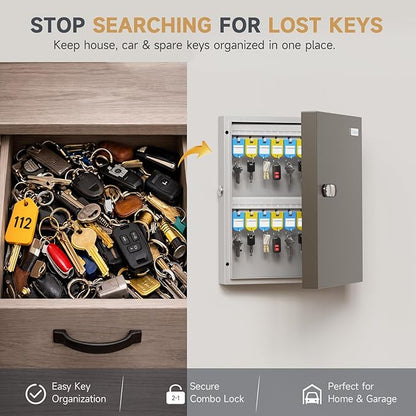 WeHere 32 Key Lock Box - Wall Mounted Key Cabinet with 3-Digit Combination Lock & Backup Key, Key Organizer Lockbox for Home, Office, Rental, Property Management, Includes Key Tags