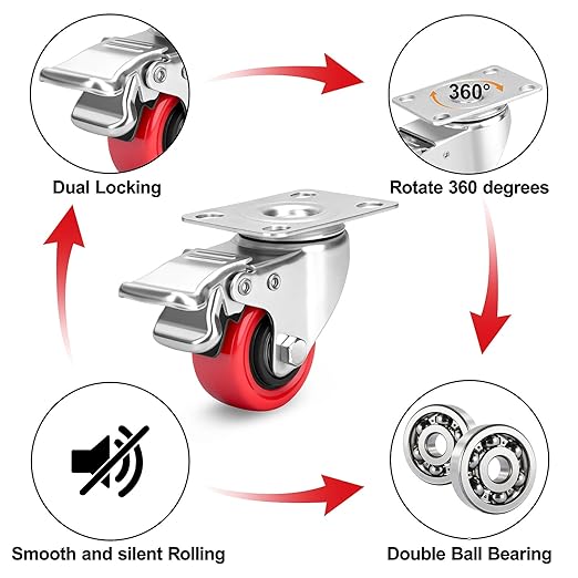2 Inch Industrial Heavy Duty Swivel Caster Wheels with Brake,Set of 4 Safety Locking Casters,Load 600lbs,Premium Polyurethane Wheels for Table,Trailer,Saw Table,Stage Toolbox,Bed,Corn Board