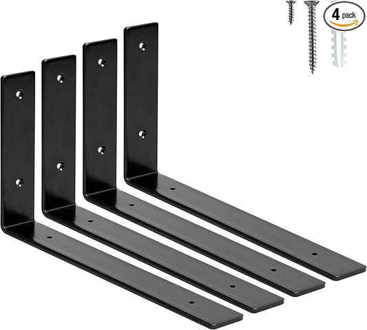 HEART ART 4 Pack Shelf Brackets 12 inch,L Brackets for Shelves,Black Heavy Duty Metal Shelf Brackets,12”x6”x1.4”