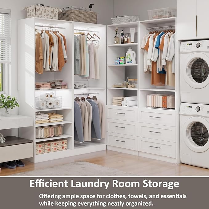 8FT Modular Closet System with 6 Drawers, Walk-in Closet Organizer System with 8 Expandable Hanging Rods & Adjustable Shelving Towers, Heavy Duty Wood Closet Storage for Bedroom, White(4 sets)