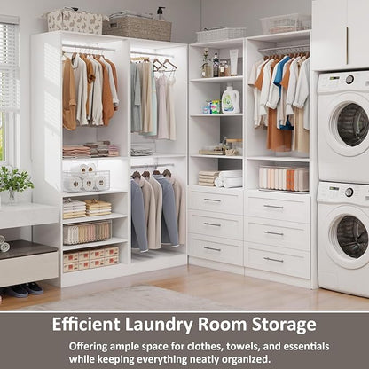8FT Modular Closet System with 6 Drawers, Walk-in Closet Organizer System with 8 Expandable Hanging Rods & Adjustable Shelving Towers, Heavy Duty Wood Closet Storage for Bedroom, White(4 sets)