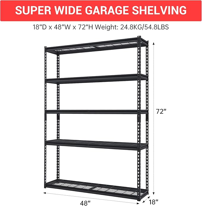 48" Heavy Duty Garage Shelving Unit, Adjustable 5-Tier Metal Storage Rack, Freestanding Utility Shelf, 48"w x 18"d x 72"h