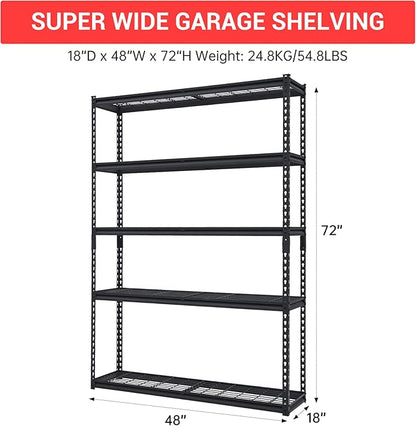 48" Heavy Duty Garage Shelving Unit, Adjustable 5-Tier Metal Storage Rack, Freestanding Utility Shelf, 48"w x 18"d x 72"h