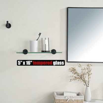 JQK Bathroom Glass Shelf Black, Tempered Glass Shower Storage 16 by 5 inches, 304 Stainless Steel Matte Black Wall Mount 2 Pack, TGS101L16-PB-P2