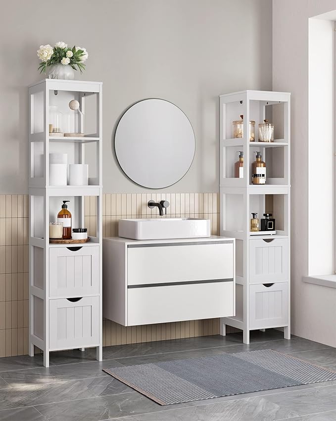 VASAGLE Bathroom Floor Cabinet, Bathroom Storage Organizer Rack Stand, Multifunctional Corner Unit, 2 Drawers, 55.7 Inches in Height, White UBBC066WH01S