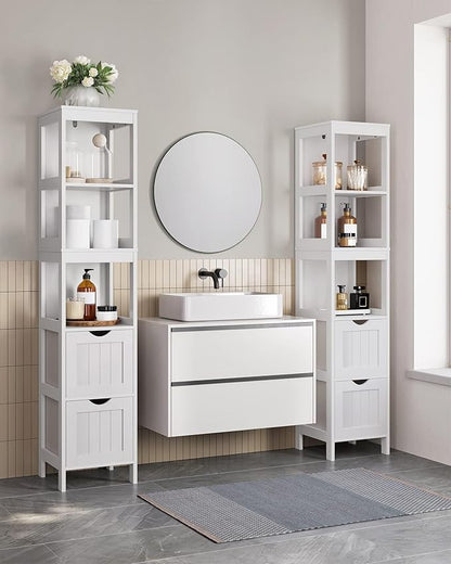 VASAGLE Bathroom Floor Cabinet, Bathroom Storage Organizer Rack Stand, Multifunctional Corner Unit, 2 Drawers, 55.7 Inches in Height, White UBBC066WH01S