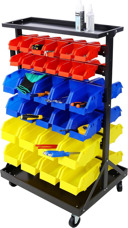 Montary 60 Parts Bin Shelving Storage Organizer with Locking Wheels, 6-Tier Dual-Sided Rolling Steel Shelf 350 lbs Capacity, for Shop Garage and Home