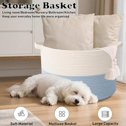 65L Large Blanket Basket,19.7" L x 19.7" W x 13" H Rope Woven Baskets with Handles, Toys Storage Bins,Laundry Basket Perfect for Living Room, Nursery,Bedroom,Home Organization,White&Blue