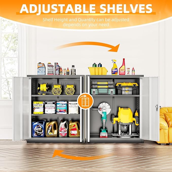 SUNCROWN Metal Storage Cabinets, 36”Locking Cabinet with Doors and Adjustable Shelves, Steel Utility Tool Garage Cabinets for Home, Office, Kitchen,Warehouse （Grey & Black）
