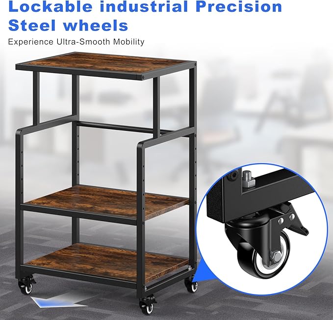 21.3 x 15.7 Inch Printer Stand, 5-Adjustable Heights 3 Tier Printer Cart with Wheels, Mobile Printer Table for Home Office for Storage Heat Press Scanner Fax, Rustic Brown