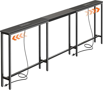 Huuger Narrow Sofa Table with 2 Power Outlets, 86.6-110.2 Inch Adjustable Length, Behind The Couch Table with USB-C Port, Long Entryway Console Table, Anti-tip Kit, for Living Room, Black