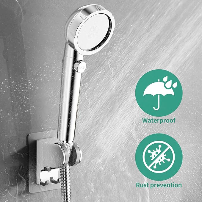 Hand Held Shower Head Holder Wall Mount, Shower Hose Holder Adhesive with 2 Hanger Hooks, Adjustable Shower Handle Holder, No Drilling Shower Wand Holder (‎Chrome, 1 Pack)