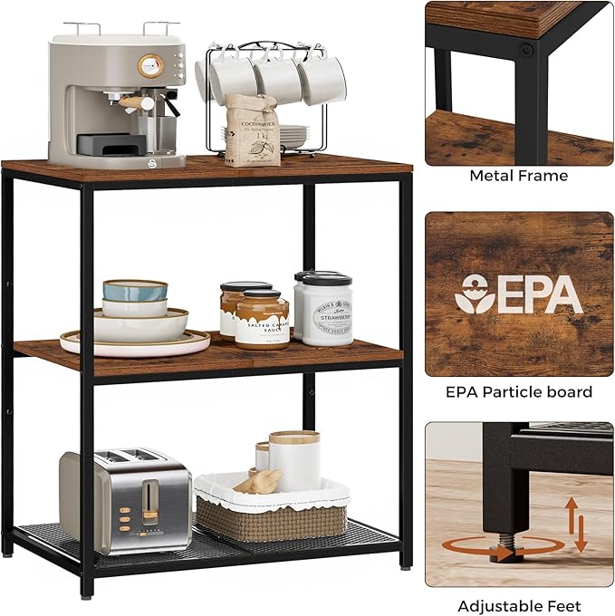 Kitchen Island with 3 Shelves, Kitchen Shelf with Large Workstation, Bakers Rack, Workbench, Metal Frame, Rustic Brown and Black