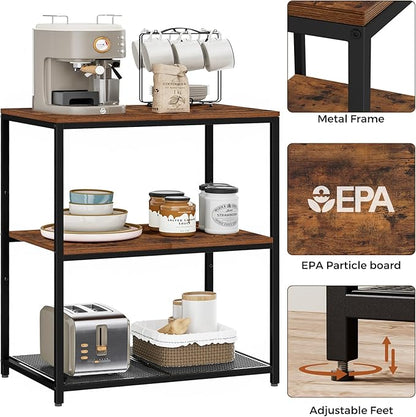 Kitchen Island with 3 Shelves, Kitchen Shelf with Large Workstation, Bakers Rack, Workbench, Metal Frame, Rustic Brown and Black
