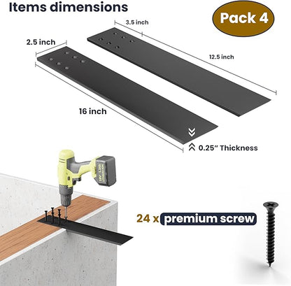 BATODA 16" Countertop Mounted Support Brackets (4 pcs) for Granite - Heavy Duty L Shelf Bracket - DIY Open Shelving Knee Wall Support - Mounting Hardware Included (Pack 4)
