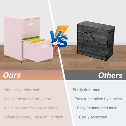 2 Drawer Rolling File Cabinet on Wheels, Mobile Two Drawer Filing Cabinet with Lock, Small Files Cabinets for Under Desk, Metal Filing Cabinets for Letter Size Folders, Pink - Assembly Required
