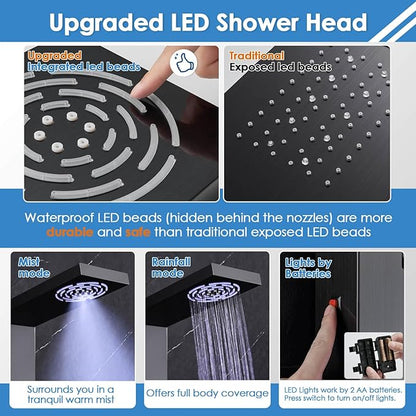 ROVOGO Led Shower Panel Tower System with Shelf, Rainfall & Mist Shower Head, Body Jets, Handheld and Tub Spout, Stainless Shower Column with Led Lights, Black