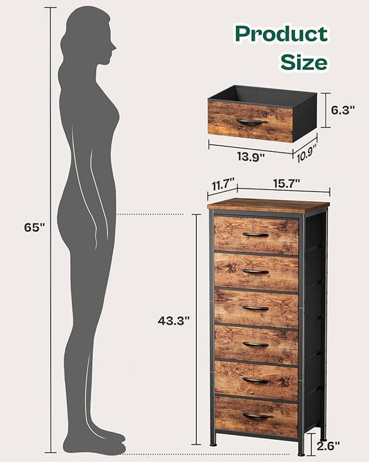 Huuger 43.3 Inch Tall Dresse for Bedroom, 6 Drawer Dresser & Chests of Drawers, Fabric Dresser for Closet, Bedroom, Night Stand, End Table with Metal Frame, Storage Tower, Rustic Brown