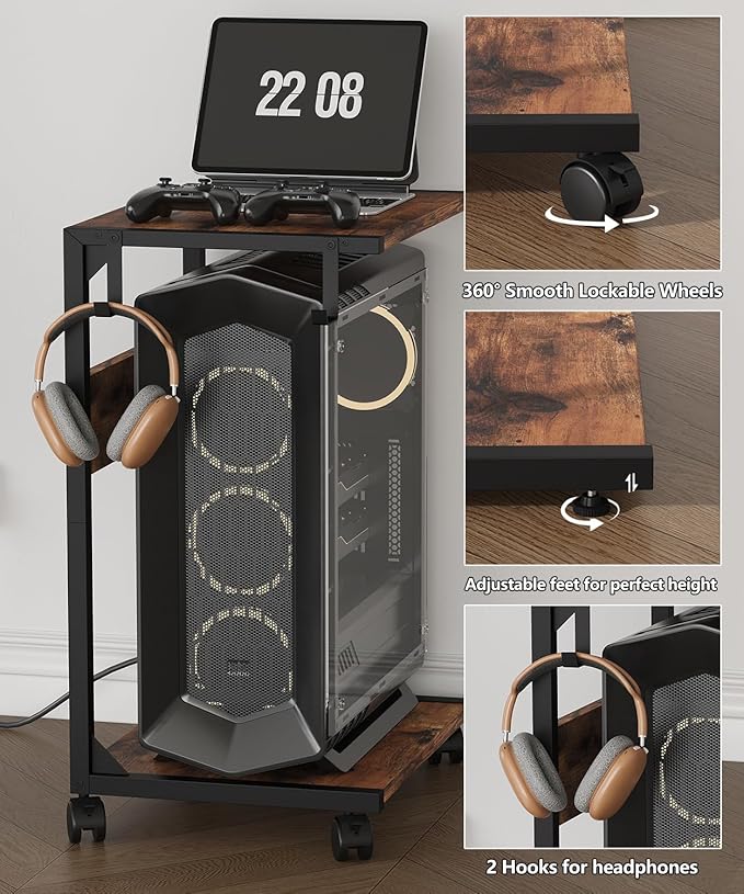2 Tier Computer Tower Stand with Charging Station, 11.8" D x 16.5" W Rolling Floor PC Tower Stand Fits Under Desk, CPU Holder Cart for Carpet with Hooks, C Shaped End Table for Home Office