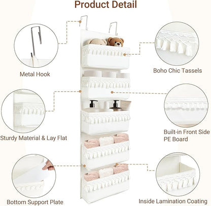 Dahey Over The Door Organizer Boho Nursery Storage Decor Closet Hanging Organizer with Tassels Decoration for Bedroom Nursery Bathroom Apartments Dorm Pantry, 5 Pockets, White
