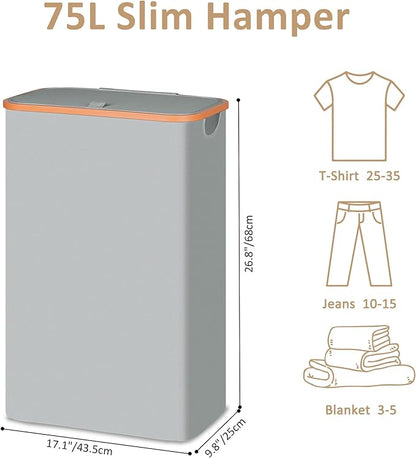 Slim Laundry Basket with Lid, Narrow Dirty Clothes Hampers for Laundry with Handle, Skinny Laundry Bin for Laundry Room, Dorm, Bedroom and Bathroom, 19.8 Gallon (75L) Silver Grey