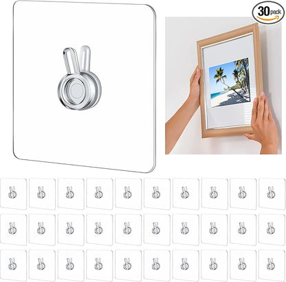Wenqik 30 Pcs Adhesive Picture Hanger Foamboard Picture Hanging Hooks Without Nails Plastic Sticky Photo Hooks for Home Wall Art Photo Frame Bathroom Closet (Transparent Style)