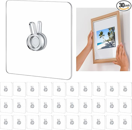 Wenqik 30 Pcs Adhesive Picture Hanger Foamboard Picture Hanging Hooks Without Nails Plastic Sticky Photo Hooks for Home Wall Art Photo Frame Bathroom Closet (Transparent Style)