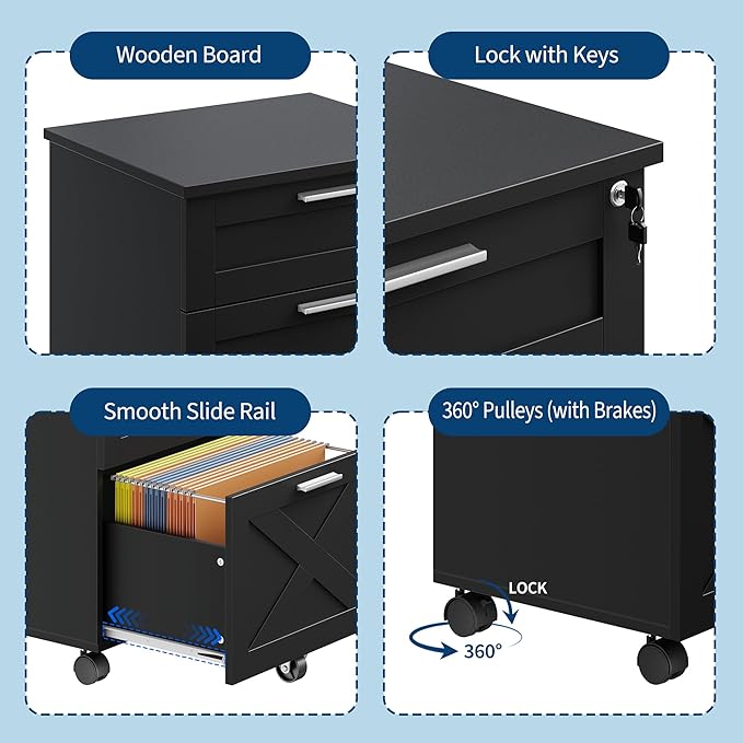 GarveeHome 3-Drawer File Cabinet with Lock, Mobile Under Desk Filing Cabinet for Home Office, Wood Storage Organizer for Letter/a4/Legal Size Documents, Black