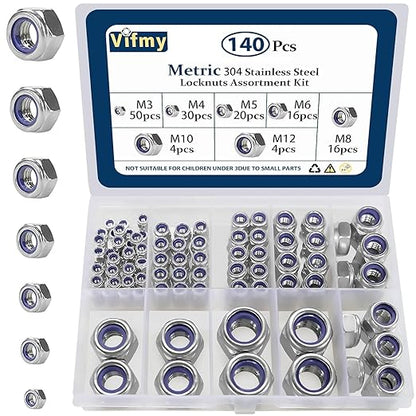 Locknuts Assortment Kit,M3 M4 M5 M6 M8 M10 M12 140PCS Metric Nylon Insert Lock Nuts Set,304 Stainless Steel Lock Nuts for Bolt