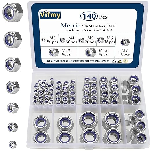 Locknuts Assortment Kit,M3 M4 M5 M6 M8 M10 M12 140PCS Metric Nylon Insert Lock Nuts Set,304 Stainless Steel Lock Nuts for Bolt