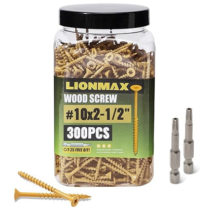 LIONMAX Deck Screws 2-1/2 Inch, Wood Screws #10 x 2-1/2", 300 PCS, Rust Resistant, Exterior Epoxy Coated, Outdoor Decking Screws, Torx/Star Drive Head Deck Screw, T25 Star Bit Included, Tan