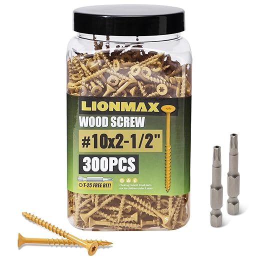LIONMAX Deck Screws 2-1/2 Inch, Wood Screws #10 x 2-1/2", 300 PCS, Rust Resistant, Exterior Epoxy Coated, Outdoor Decking Screws, Torx/Star Drive Head Deck Screw, T25 Star Bit Included, Tan