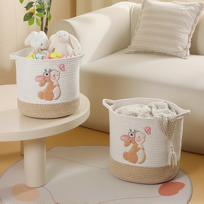 INough Easter Basket for Kids, Small Easter Basket for Toddler Spring Gift Basket Bunny Baskets, Toy Storage Baskets Woven Cotton Rope Storage Bins Toys Organizer Clothes Hamper (Medium, Bunny)