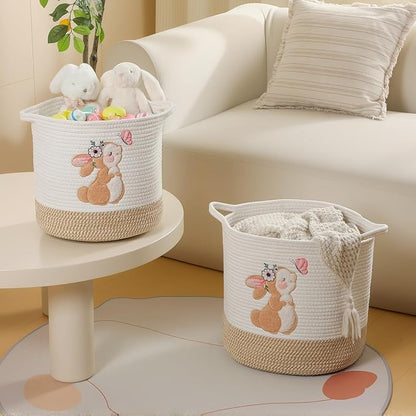 INough Easter Basket for Kids, Small Easter Basket for Toddler Spring Gift Basket Bunny Baskets, Toy Storage Baskets Woven Cotton Rope Storage Bins Toys Organizer Clothes Hamper (Medium, Bunny)