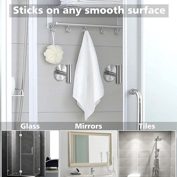 Adhesive Towel Hooks Heavy Duty Wall Hooks Stainless Steel Waterproof Shower Towel Hooks, Coat Hook for Hanging Clothes, Adhesive Hook for Bathroom, Glass Window, Kitchen- 2 Pack, Silver