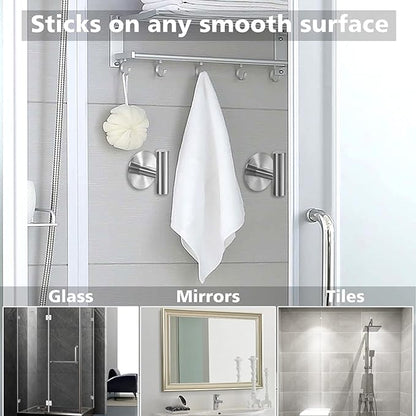 Adhesive Towel Hooks Heavy Duty Wall Hooks Stainless Steel Waterproof Shower Towel Hooks, Coat Hook for Hanging Clothes, Adhesive Hook for Bathroom, Glass Window, Kitchen- 2 Pack, Silver