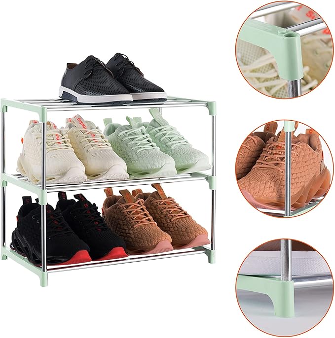 3-Tier Stackable Small Shoe Rack, Lightweight Shoe Shelf Storage Organizer for Entryway, Hallway and Closet(Green)