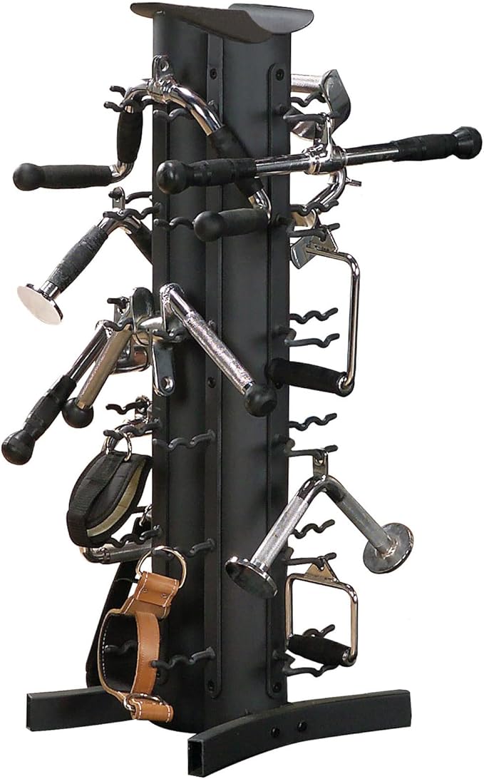 Body-Solid Vertical Gym Organizer Package with Lat and Curl Bar, Revolving Bars, Tricep Pressdown and Handles, Compact Storage Rack for 20 Handles & Straps, Home Accessories Organization