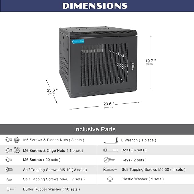 9U Wall Mount Server Cabinet with A Lockable Front Vented Door, Cooling Fans, Removable Side Panels - 60cm Depth, 19" Network Rack Including 2 PCS Full-Size Rack Shelves for IT Equipment