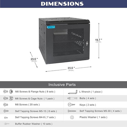 9U Wall Mount Server Cabinet with A Lockable Front Vented Door, Cooling Fans, Removable Side Panels - 60cm Depth, 19" Network Rack Including 2 PCS Full-Size Rack Shelves for IT Equipment