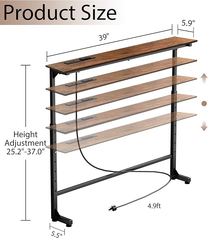 39 inch Narrow Console Table with Outlet,Adjustable Height(25"-37") Behind Sofa Table,Couch Behind Table Skinny,Couch Shelf with Charging Station,Long Entryway Tables for Living Room,Brown