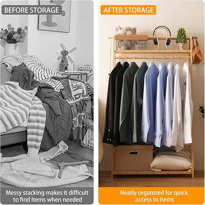 Bamboo Clothing Garment Rack 2 Tier Storage Shelf Coat Clothes Hanging Rack, Portable Wardrobe Closet Organizer With Top Shelf, Shoe Storage Shelves for Bedroom (Natural - 31.5 in)
