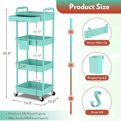 Makeup Cart Organizer with Drawers, 4 Tier Floor Skincare Organizers for Vanity, Rolling Makeup Bathroom Storage Cart Cosmetics Display Cases for Skin Care Perfume Nail Polish, Blue