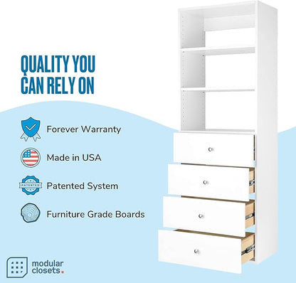 MC Modular Closets Closet Organizer - Tower with 4 Drawers, White, 19.5" W x 14" D x 71.25" H, 350 lb Capacity