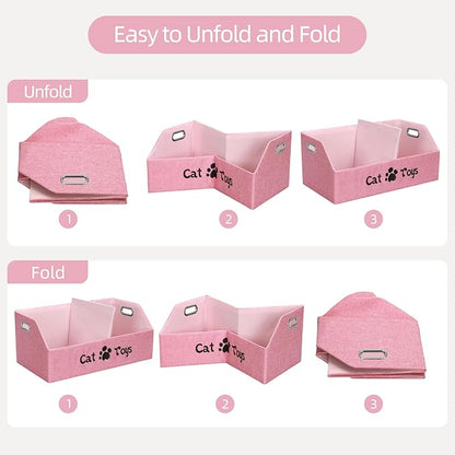 Cat Toy Basket, Kitten Toys Storage Organizer Foldable Fabric Bin Pet Supplies Chest Holder Trapezoid Container with Metal Handles for Organizing Cats Clothes Accessories, Pink