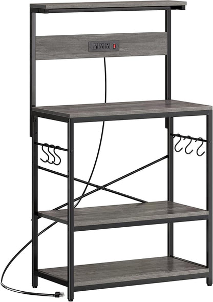 SUPERJARE Bakers Rack with Power Outlets, Microwave Stand, 31.5 X 16.5 Inch Larger Desktop, Kitchen Storage Rack with Adjustable Middle Shelf, 6 S-Shaped Hooks, Coffee Bar Stand, Grey